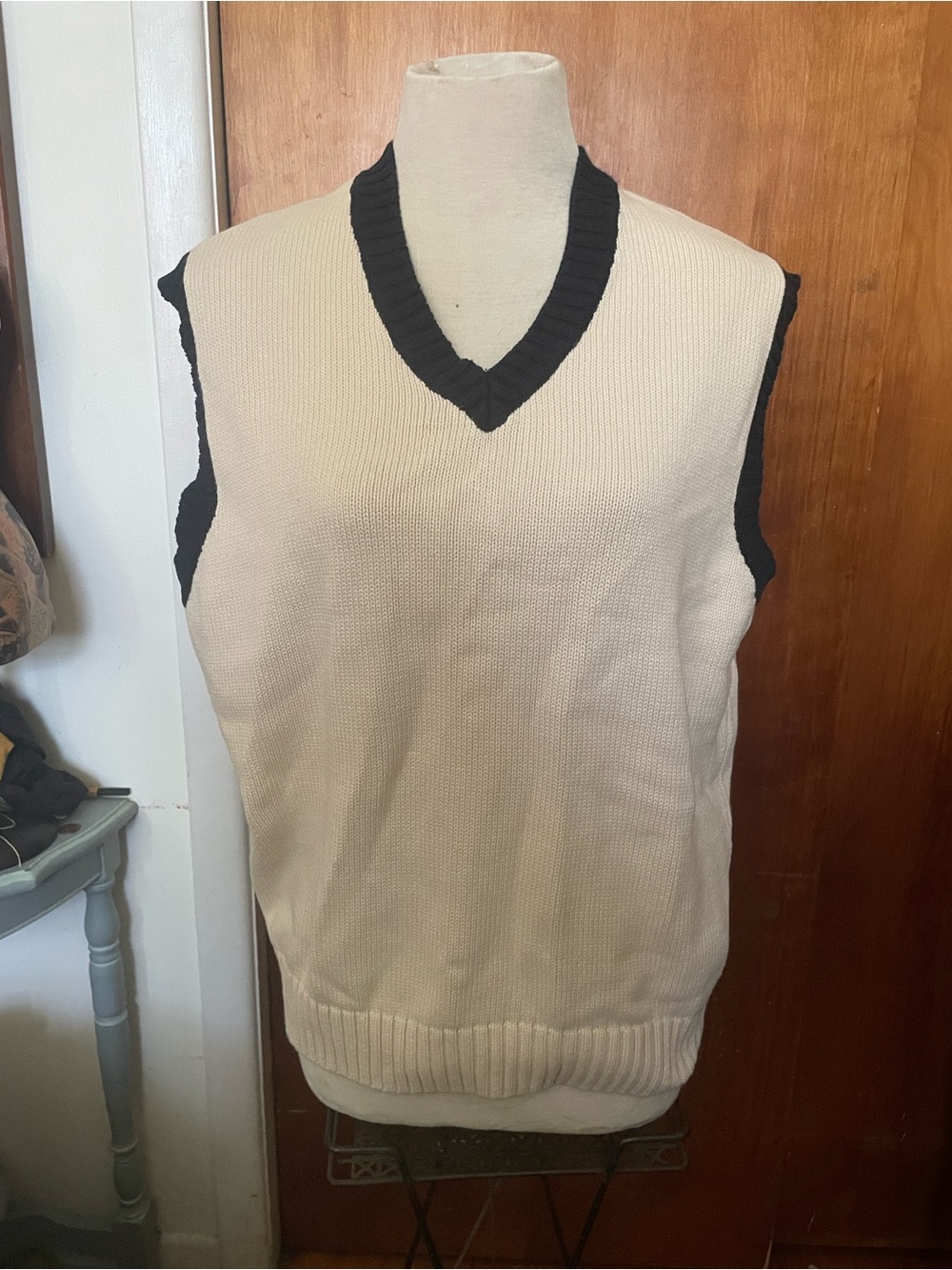 Zara Cream V-Neck Sweater Vest with Black Trim